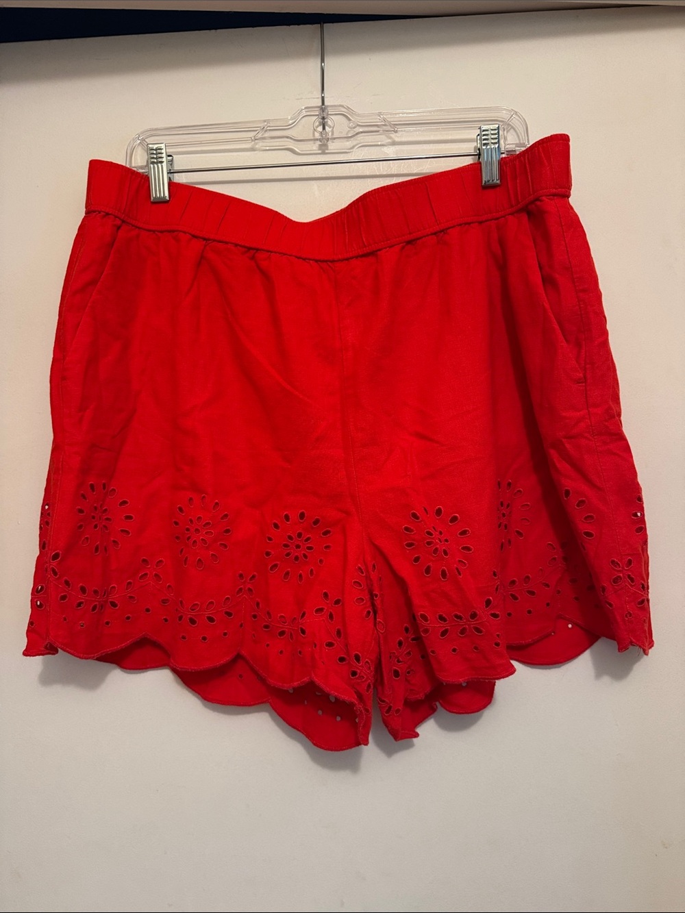 LOFT Red Eyelet Scallop-Hem High-Waist Shorts